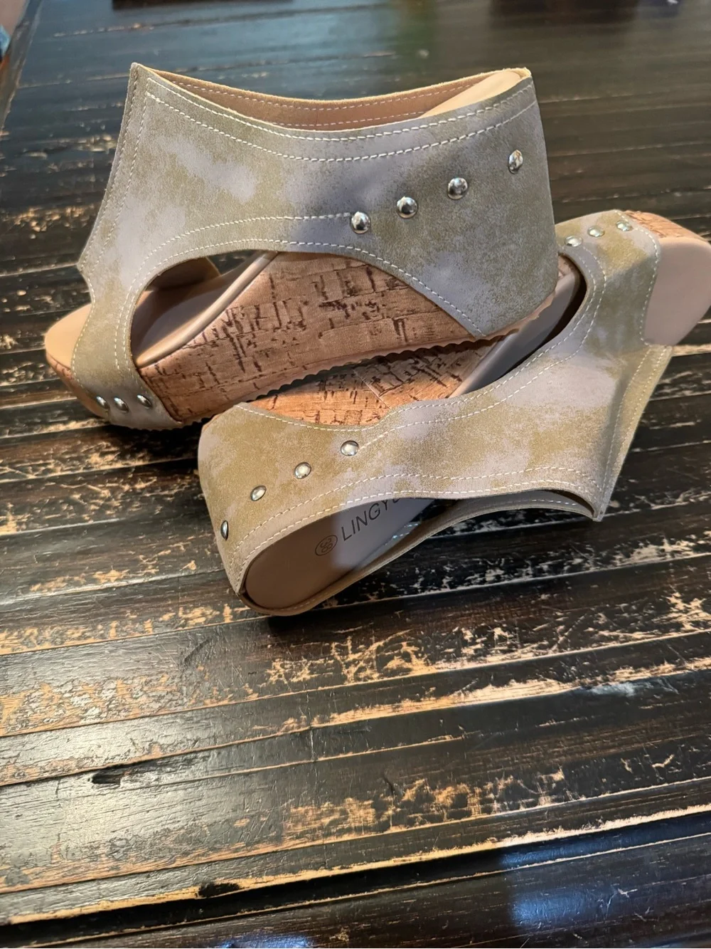 Source Unknown Olive Green Cork Wedge Slide Sandals